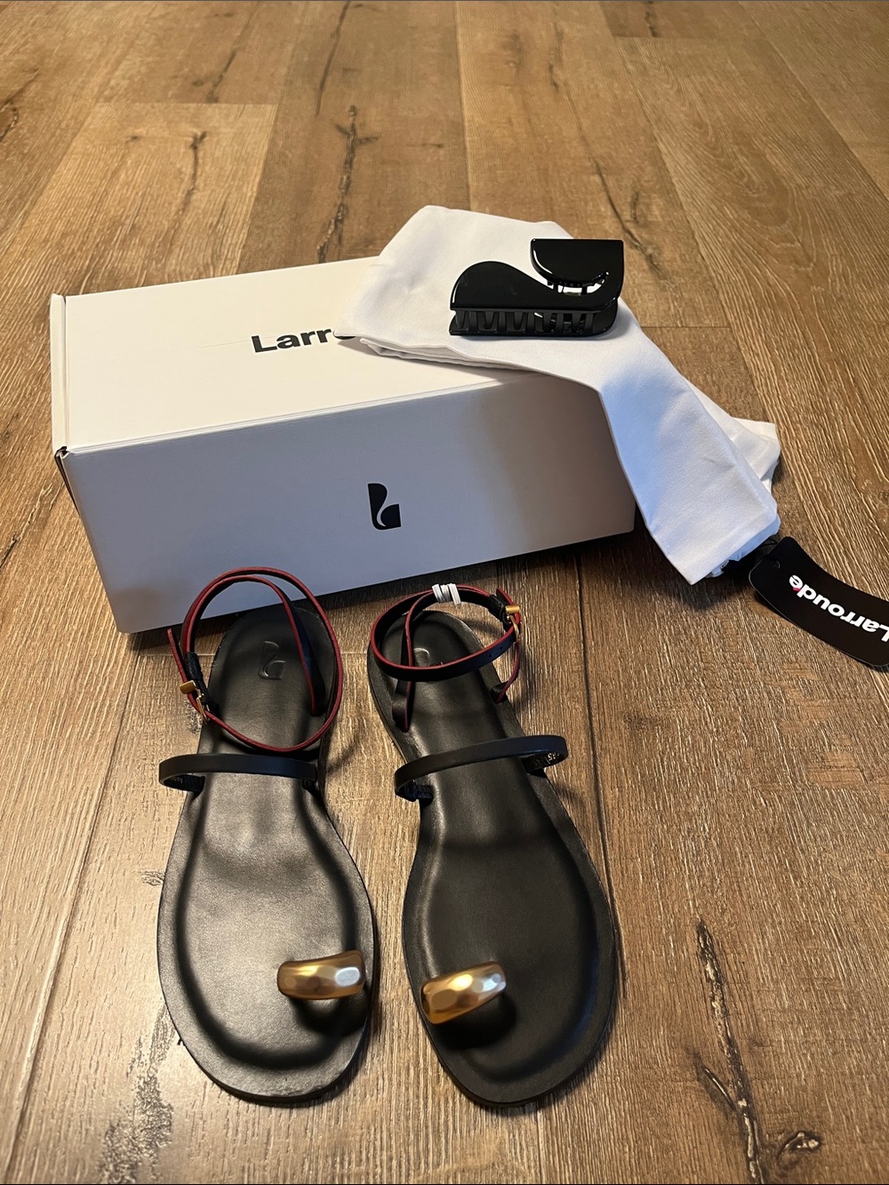 Larroude Black Sandals with Gold Accent